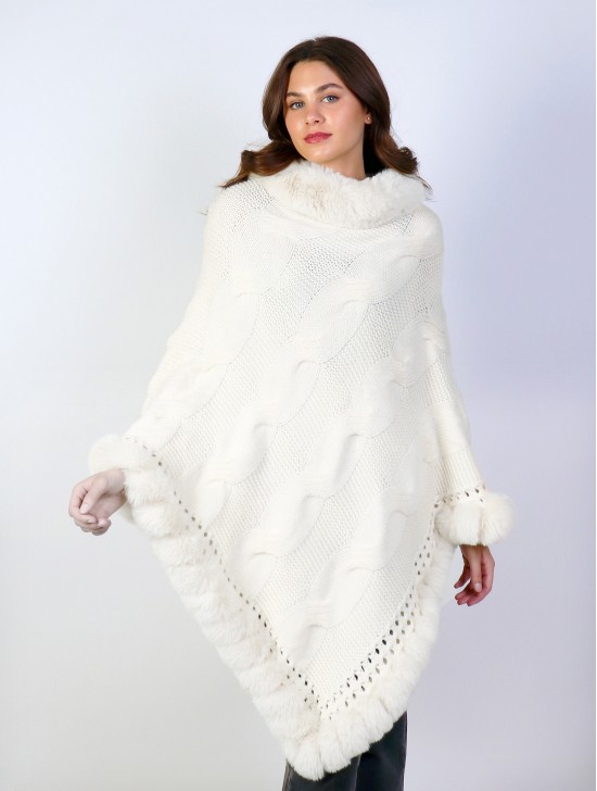 Solid Color Knitted Poncho W/ Fur Collar & Trim